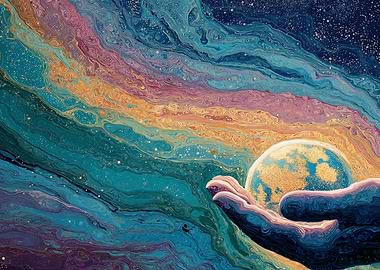 Hands Holding Earth in Cosmic Space