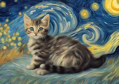 Kitten in Starry Night Style