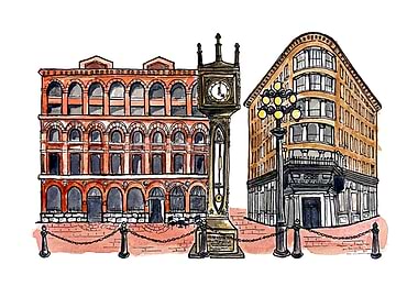 Hand-Drawn Watercolor Ink Illustration – Gastown Steam Clock & Hotel Europe, Vancouver