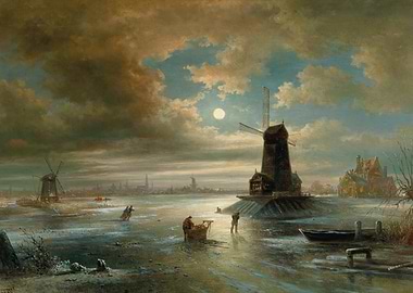 Winter Landscape with Windmills and Figures