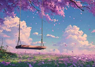 Swing in a field of flowers