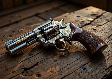 Ornate Revolver on Wooden Surface