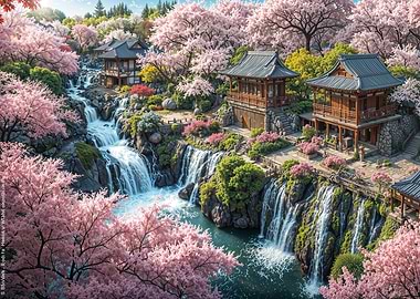 Japanese Garden with Cherry Blossoms and Waterfall