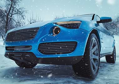 Blue Car in Winter Snowfall