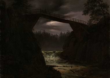 Bridge over Waterfall at Night