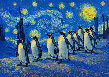 Penguins in Starry Night Style