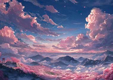 Pink Clouds and Mountain Landscape