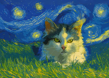 Cat in Starry Night Style