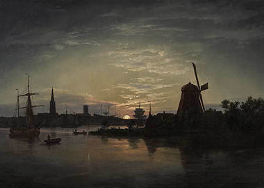 Dutch Cityscape at Sunset Painting