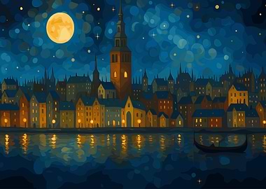 Night Cityscape with Moon and Water