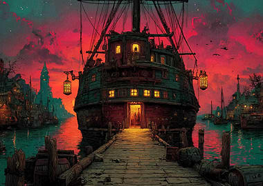 Docked Pirate Ship at Dusk