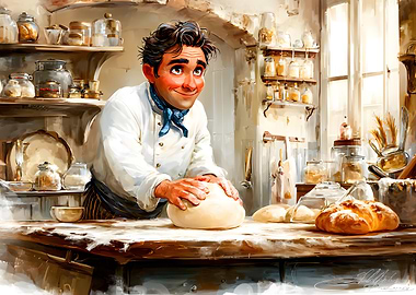 Baker kneading dough in rustic kitchen