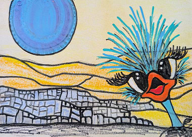 Whimsical Ostrich in Abstract Landscape