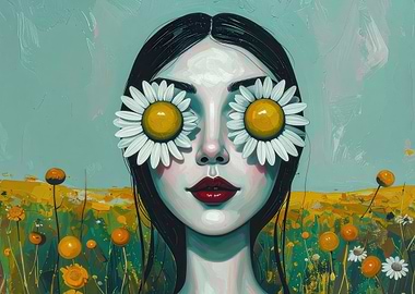 Woman with Daisy Eyes in Field