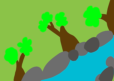 Cartoon Landscape with River and Trees