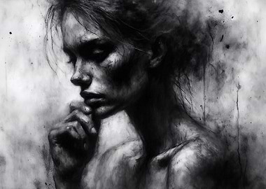 Pensive Woman Charcoal Portrait