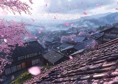 Japanese Village with Cherry Blossoms