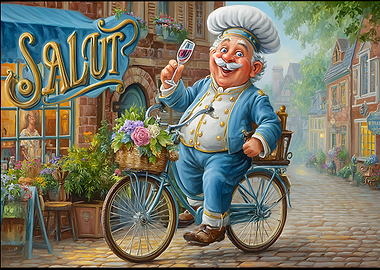 Chef on Bicycle with Wine