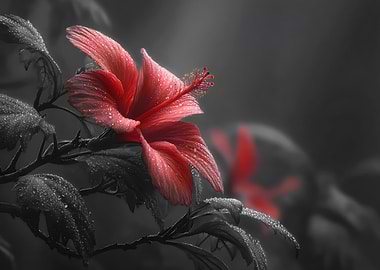 Red Hibiscus Flower with Dew Drops