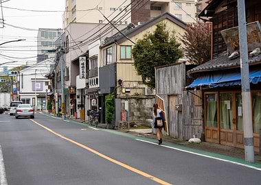 Street view in Japan with woman transporting a painting