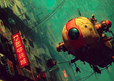 Cyberpunk Cityscape with Flying Vehicle
