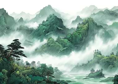 Misty Green Mountain Landscape Painting