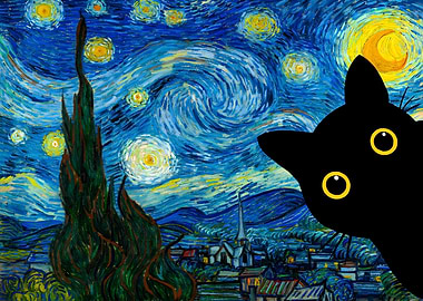 Starry Night Cute Black Cat