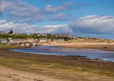 Coastal Village Landscape with Tidal Flats