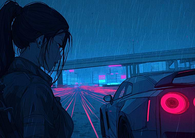 Anime Girl with Car in Rain