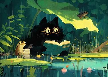 Cat reading in the rain