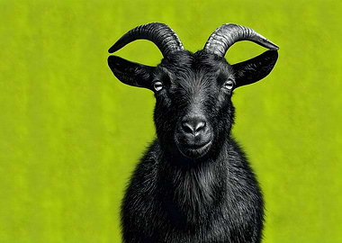 Black Goat Portrait on Green Background