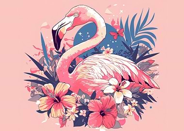 Pink Flamingo with Tropical Flowers