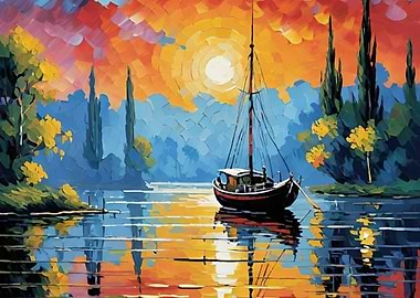Impressionistic Sailboat on Lake at Sunset