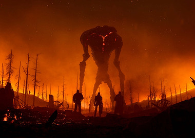 Sci-Fi Confrontation in a Fiery Landscape