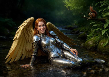 Winged Angel Knight in the forest Brook
