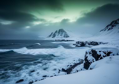 Iceland Winter Coastline Landscape with Snow-Capped Mountains