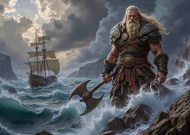 Viking Warrior with Axe by the Sea