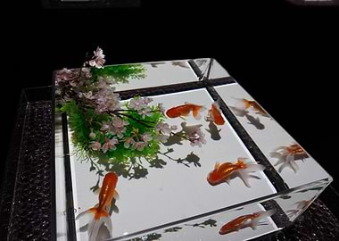 Goldfish in a Clear Tank with Flowers