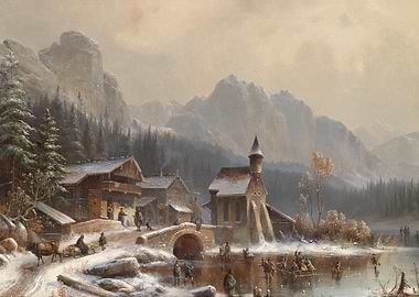 Winter Village Scene Painting