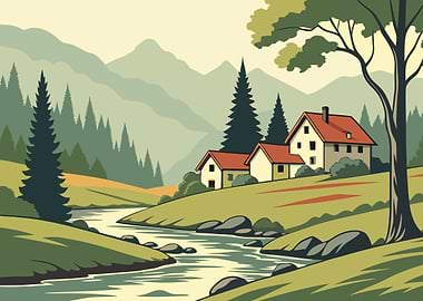 Peaceful Village Landscape with River