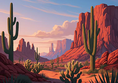 Desert Landscape with Cacti and Mountains