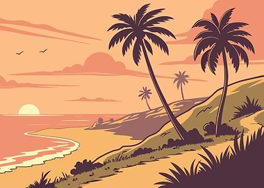 Tropical Beach Sunset Illustration