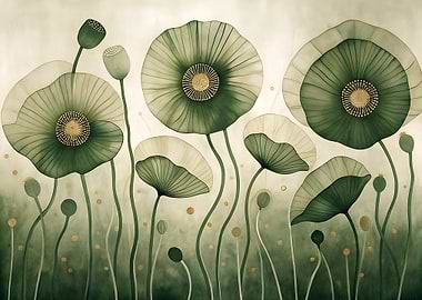 Green Poppies Watercolor Painting