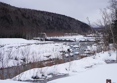 Winter River Landscape with Dam