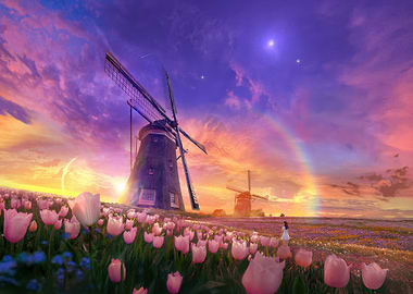 Windmills and Tulips at Sunset
