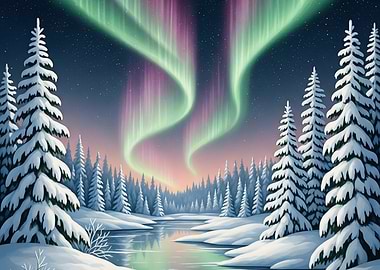 Winter Landscape with Aurora Borealis
