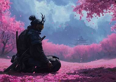 Samurai in Cherry Blossom Landscape