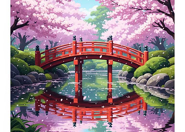 Japanese Garden with Red Bridge