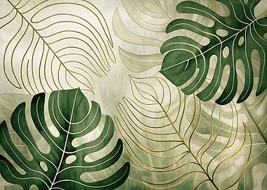 Monstera Leaf Pattern in Green and Gold