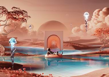 Astronaut Relaxation in Surreal Landscape